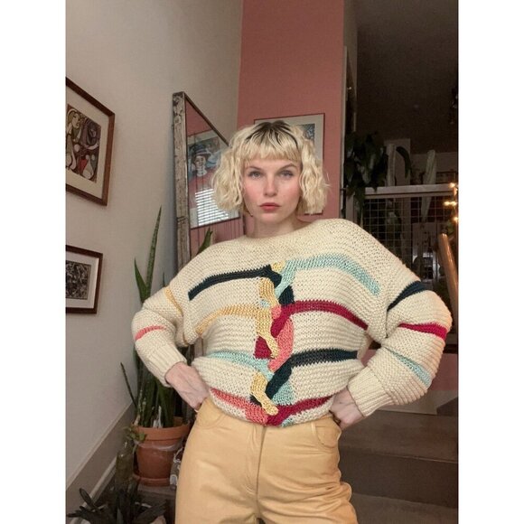 Vtg UNO & UNA Knit Sweater Sz L Colorful Cable Twist 80s 90s Indie Hipster Retro - Picture 1 of 10